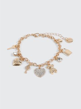 Hand Crafted Gold Charm Bracelet with Heart, Key, Lock & Teddy Bear